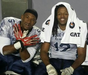 Karan Higdon (left) and Willie Parker (right) guided the South to a 39-14 victory over the North in the Blue-Grey All-American Bowl at Raymond James Stadium, home of the Tampa Bay Buccaneers.