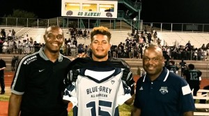 Randall Cunningham (left), Jeremiah Pritchard (middle) and Mark McMillian (right) took part in this year's first stop on the Blue-Grey Jersey Presentation Tour.
