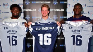 Miami commit Michael Pinckney, ACC target Augie DeBiase and Floroda commit Rick Wells (left to right) recently received their gear for the Blue-Grey All-American Bowl during the brand's nationwide Jersey Presentation Tour held at Jacksonville Jaguars' EverBank Field.